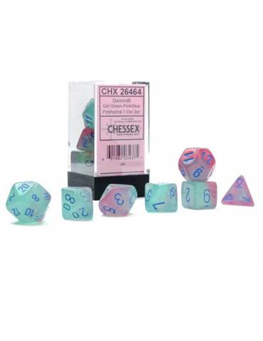 Set de dados Chessex Gemini PolyGel Green/Pink/Blue Lumi (7)