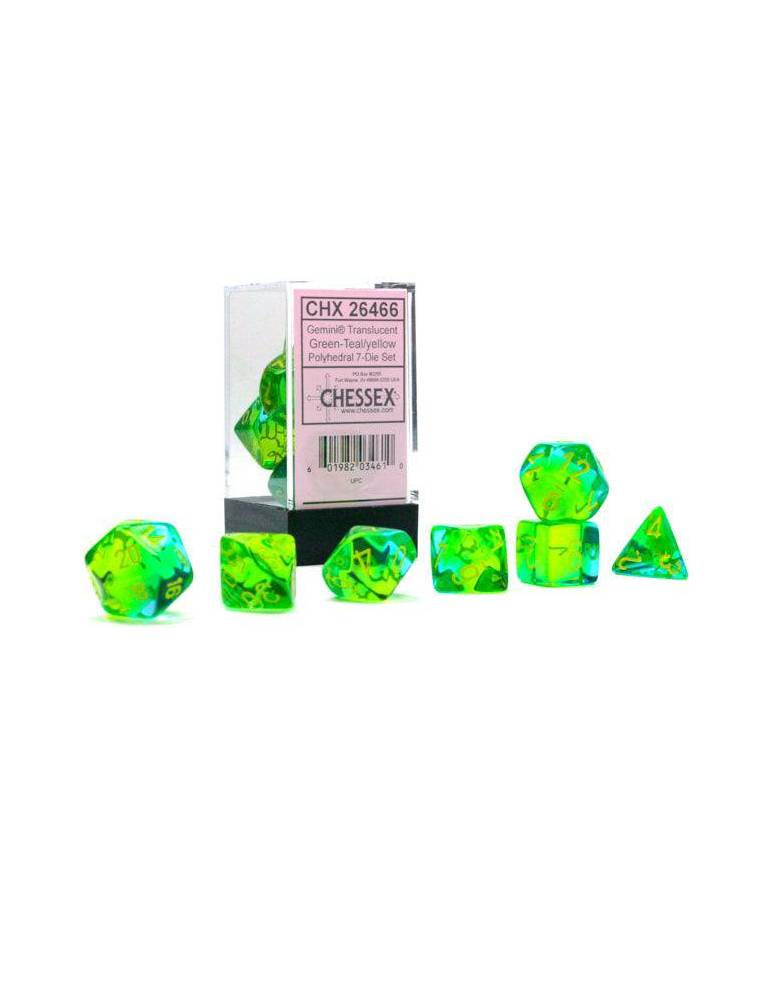 Set de dados Chessex Gemini Poly Trans Green/Teal/Yellow (7)