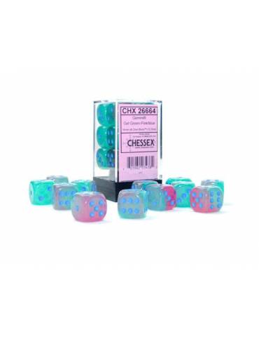 Set de dados Chessex Gemini Gel 16mm Green/Pink/Blue Lumi D6 (12)