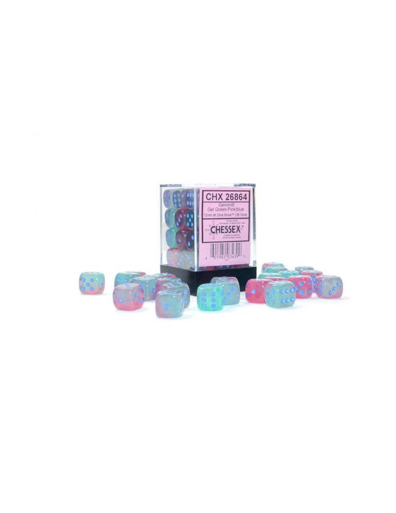 Set de dados Chessex Gemini Gel 12mm Green/Pink/Blue Lumi D6 (36)