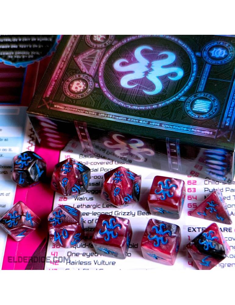 Set de Dados Elder Dice THEY Cyan Ink on Magenta & Black