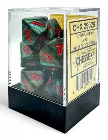 Set de dados Chessex Scarab Jade/Red Ankh D10 Dice Block Green/Red Numbers (10)