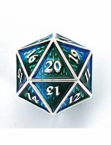 Dado de 20 caras Behemoth 45mm Solid Metal D20 Spin Down -Silver w/Green&Blue