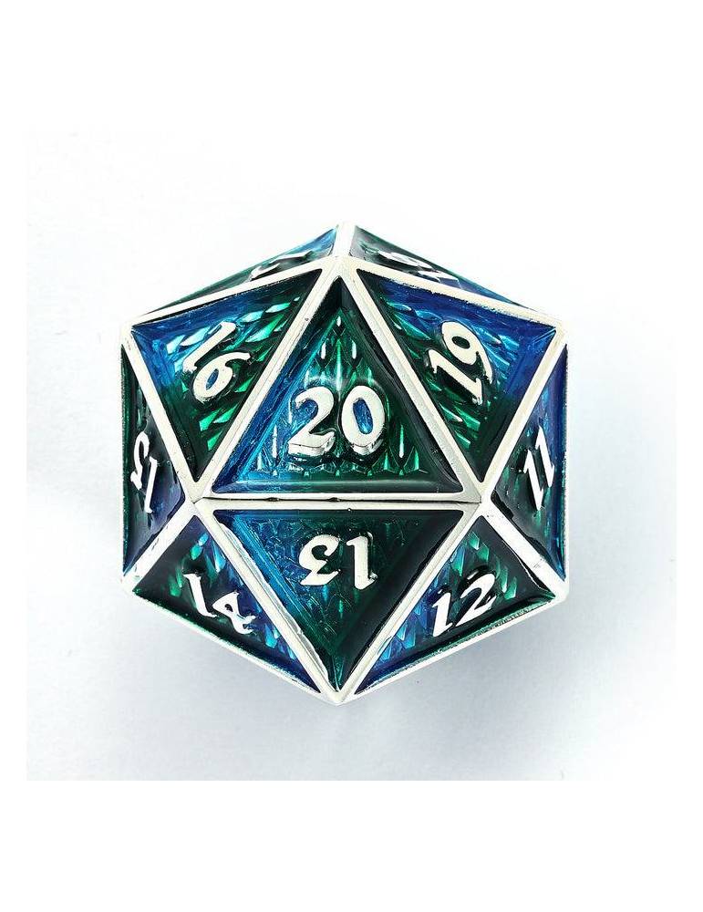 Dado de 20 caras Behemoth 45mm Solid Metal D20 Spin Down -Silver w/Green&Blue