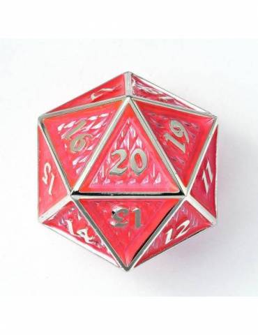 Dado de 20 caras Behemoth 45mm Solid Metal D20 Spin Down -Silver w/Fluorescent Pink