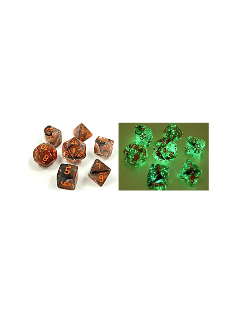 Set de dados Chessex Lab Dice Nebula Polyhedral Copper Matrix/Orange Luminary (7 unidades)