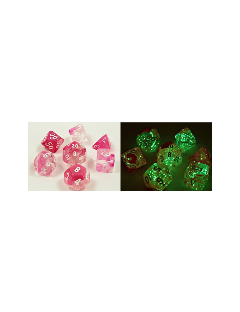 Set de dados Chessex Lab Dice Gemini Polyhedral Clear-Pink/White Luminary (7 unidades)